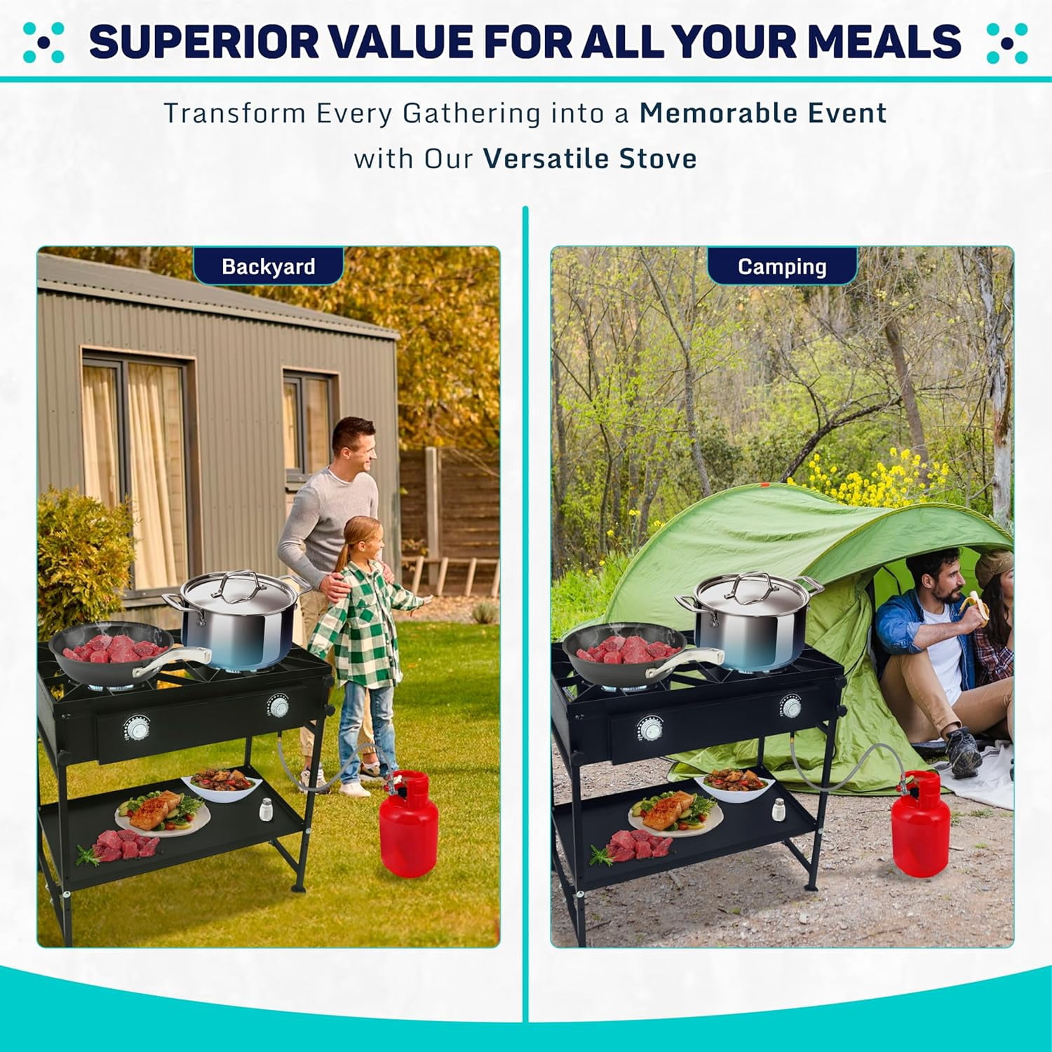 SONRET - Double Burner Propane Camping Gas Stove - with Detachable Legs & Bottom Shelf