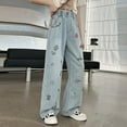 thumbnail image 7 of High Waisted Embroidered Jeans for Girls Wide Leg Denim Jeans with Pocket Elastic Waist Trousers Baggy Pants Blue,14 Years, 7 of 7