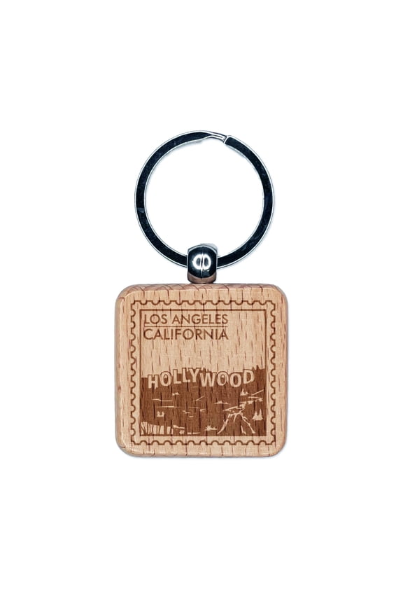 Hollywood Los Angeles California Travel Square Keychain Charm Tag - Engraved Wood
