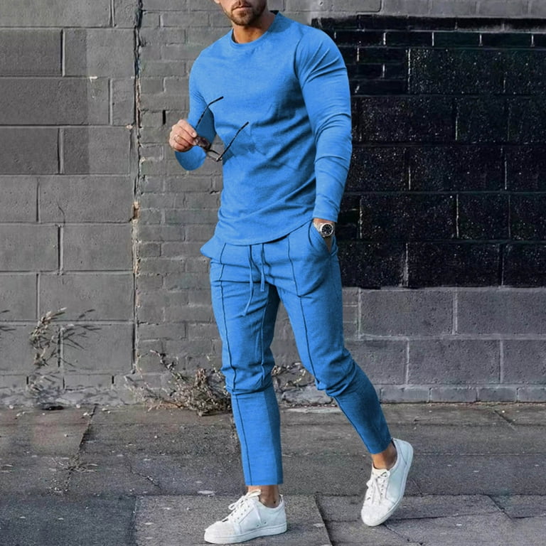 Yievot Tight Tracksuits For Mens Clearance Solid Gym Clothes Round Neck  Long Sleeve Sweat Shirt & Trousers Two Piece Sets Gymnasium Exercise Outfits  Light Blue XXL 