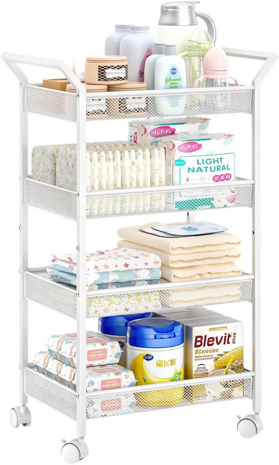 Baby Diaper Caddy Cart, 4-Tier Diaper Caddy Organizer and Storage, Rolling Utility Cart for Baby Supplies, Diaper Cart with Wheels for Bedroom, Nursery, Changing Table, White