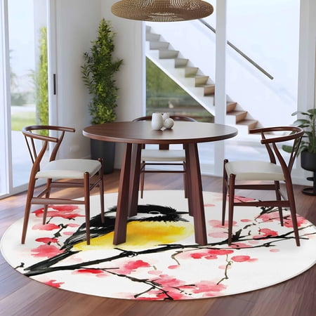 5ft Washable Round Rug Bird Peach Blossom Non-Slip Circle Area Rug for Living Room Bedroom Watercolor Animal Branch Plant Indoor Floor Mat for Home Decor