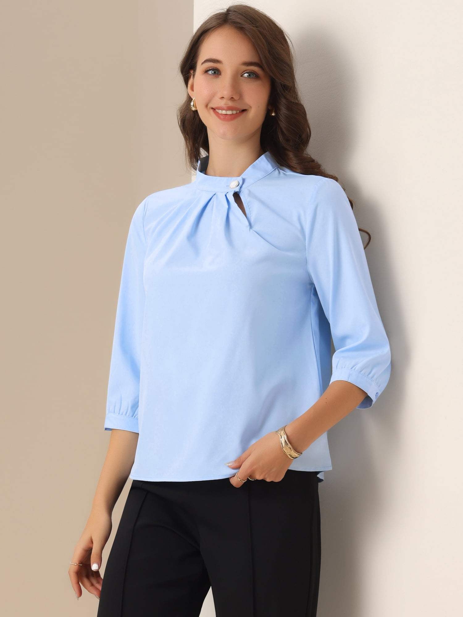DARING DIVA Women's Stand Collar Ruched 3/4 Sleeve Blouses S Blue