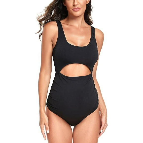 EastElegant Maternity Cutout One Piece Swimwear Ploka Dots Print Pregnancy Bathing Suit, Solid Black, Large