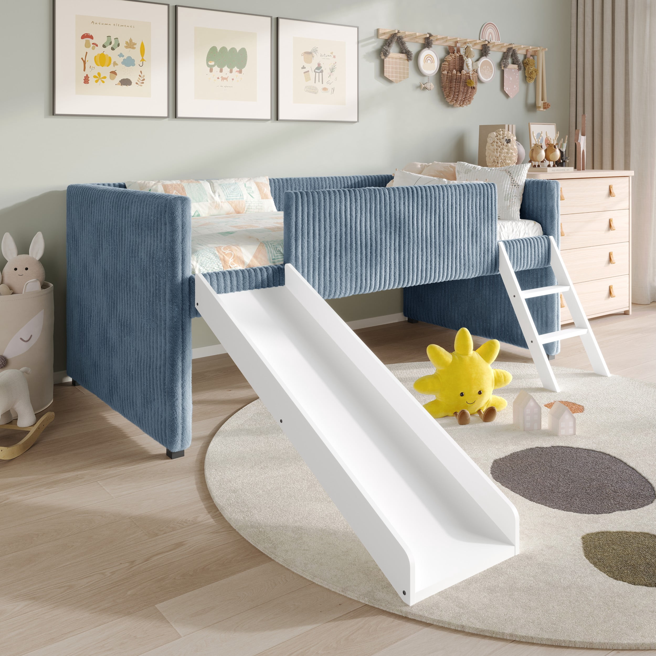 Home Design Totowa Kids Upholstered Low Loft Bed with Slide & Ladder, Soft Corduroy Fabric Twin Loft Bed for Boys & Girls, Light Blue