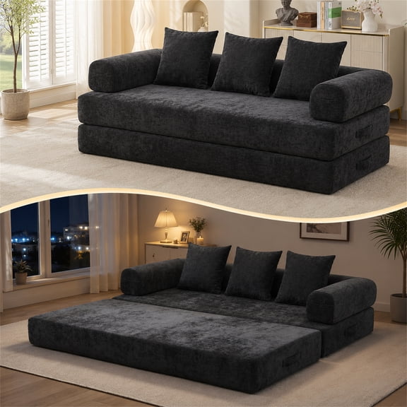 SESSLIFE Sofa Bed, Convertible Chenille Fabric Boneless Couch, Sleeper Sofa with Pillows & Storage Pocket, No Assembly Folding Pull Out Couch for Living Room, Black