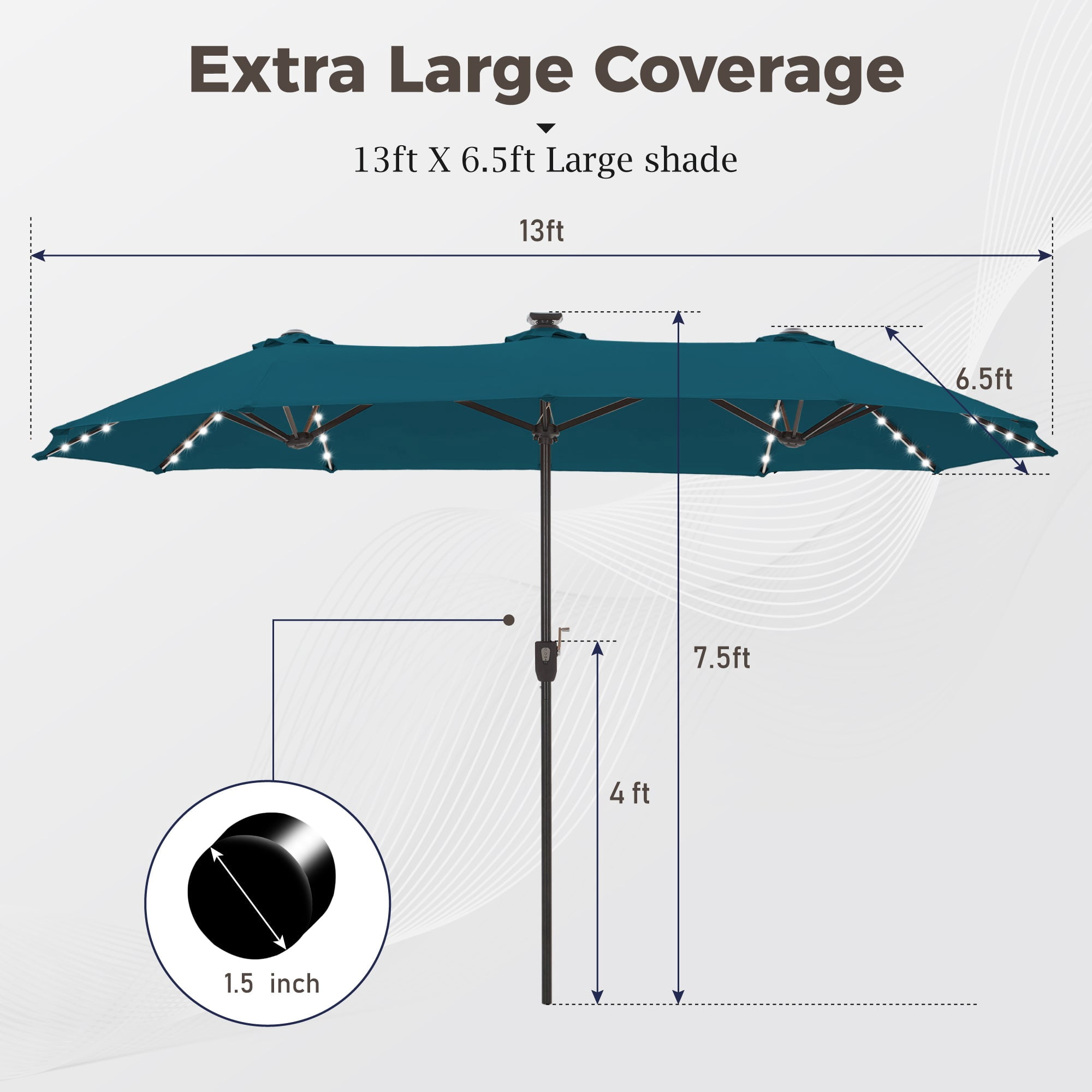 Alpha Joy 13ft Large Double-Sided Outdoor Patio Umbrella with Colorful Solar Lights, Cerulean