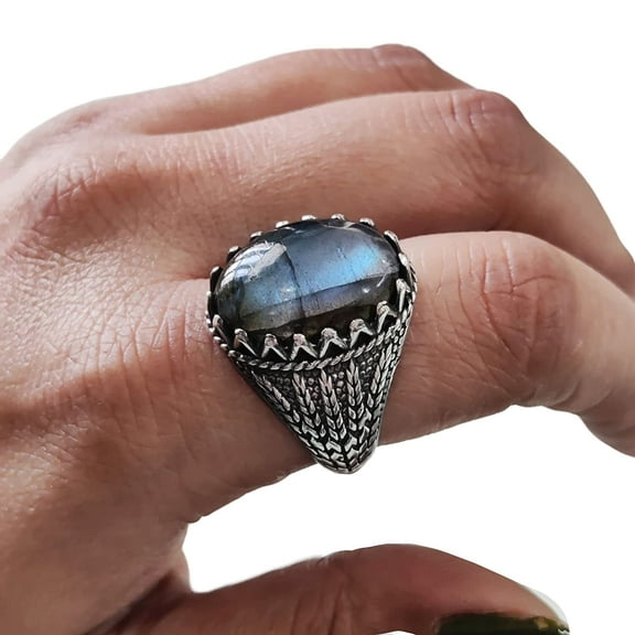 Labradorite Mans Ring, Natural Blue Fire Labradorite, Unisex Ring, Silver Jewelry, 925 Silver Ring, Birthday Gift, Heavy Men Ring, Arabic Design, Ottoman Style Ring, Christmas, Turkey Mens Signet Ring