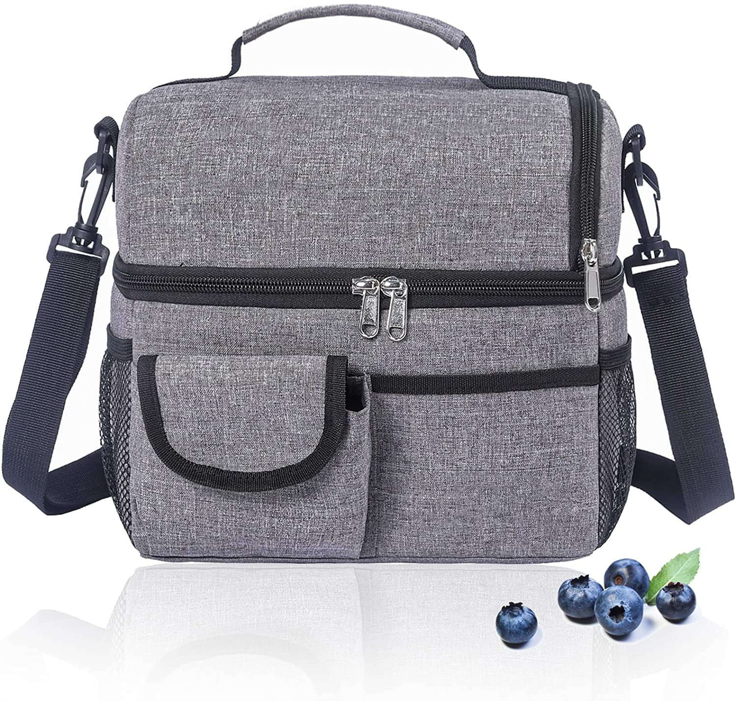Style A-Light Grey Insulated Lunch Bag with Dual Compartment Leak Proof Liner Cooler Bag with Adjustable Shoulder Strap Water-Resistant Lunch Box for Office/Picnic/Hiking/Beach 