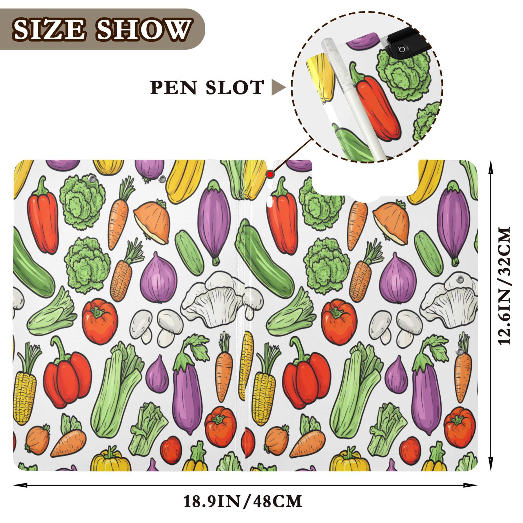 FORMRS A4 Clipboard Folder with Pen Holder Horizontal Foldable School Office Binder, Vegetables Pattern