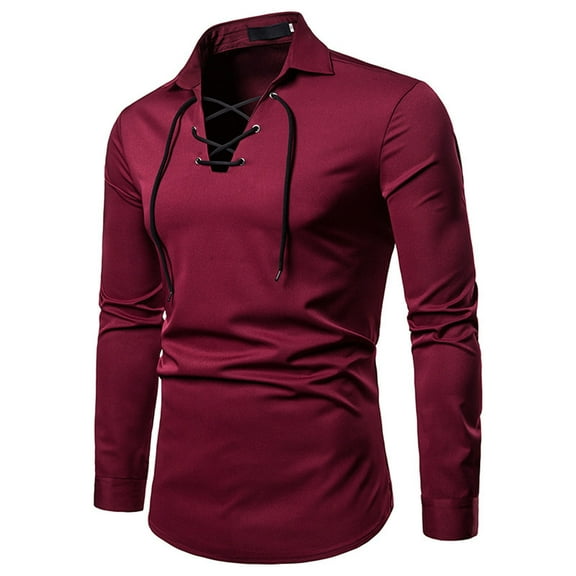 KIHOUT Mens Long Sleeve Shirts Classic Solid Color Slim Fit Tops Lace Turndown Pullover Tops Blouse Shirt