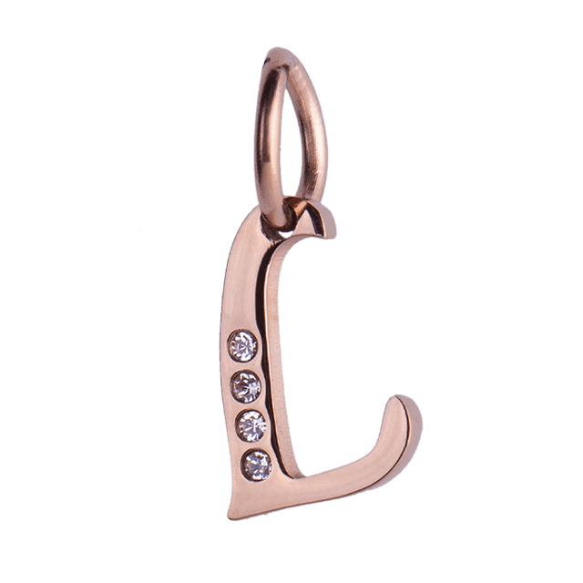 Charm para Pulsera LuckyLy, Dije Inicial Letra A, Acero Inoxidable con Baño de Oro Rosa 18k y Zirconia Cúbica, Modelo Lizzy rosa Letra L