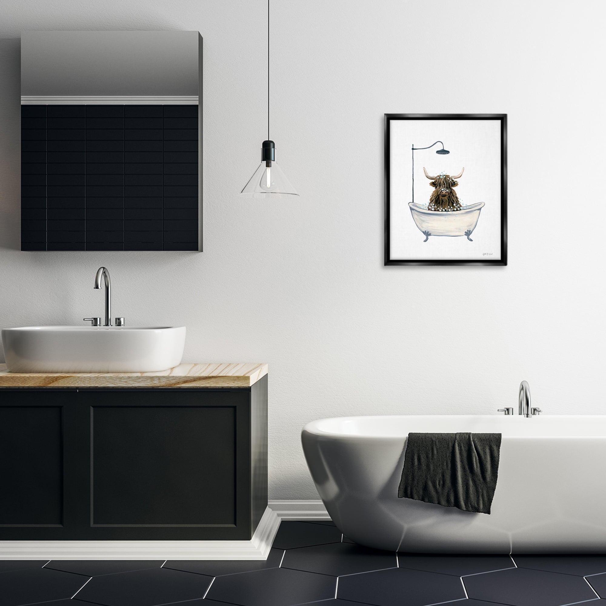 Stupell Industries Highland Cow Bathtub Typography Painting Black Floater Framed Canvas Art Print Wall Art, 17 x 21