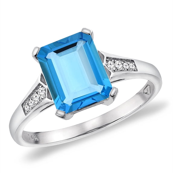 14K White Gold Natural Swiss Blue Topaz Ring 9x7 mm Octagon with Diamond Accent, size 7.5