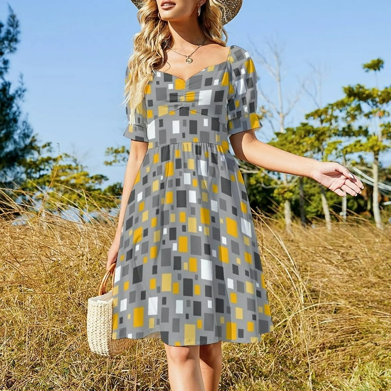 Mustard Yellow and Grey Squares Pixel Polka Dot Dress Casual