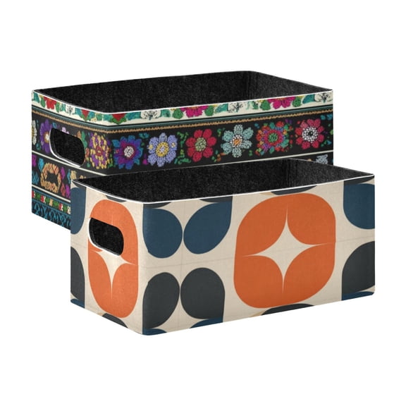 2 Pack Living Room Bed Room Felt Storage Baskets Boxes Foldable Organizer With Handles Colorful Seamless Borders orange and Navy Blue Shapes