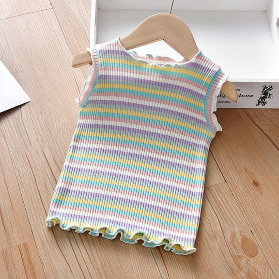 UACY Girls' Ribbed Tank Tops Rainbow Striped Sleeveless Cotton Tees Casual Summer Outfits Cute Ruffle Hight Neck Cami Shirt (B, 5-6 Years)
