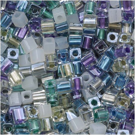10 Paper Beads - Miyuki 4mm Glass Cube Beads Color Mix Serenity Greens Purples 10 Grams