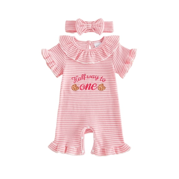 RUINIXCW Baby Girls Half Birthday Outfit Short Sleeve Ruffled Crewneck Letter Biscuit Embroidery Striped Jumpsuit with Headband