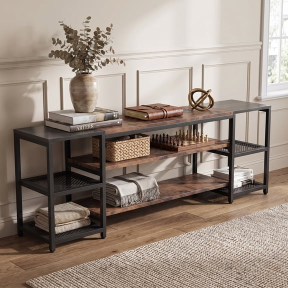 Fnova 79 Inch Industrial TV Stand with Metal Frame and Wood Shelves, 3-Tier Media Console for TVs up to 65 Inch, Entertainment Center with Side Storage Shelves for Living Room