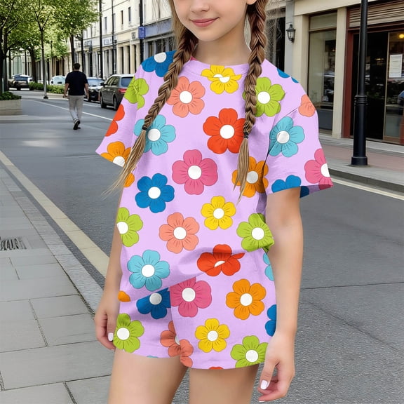 Amidoa Girls Summer 2 Piece Outfits Floral Cute Short Sleeve and Elastic Waist Shorts Kids Clothing Set Purple Size Purple Size 12