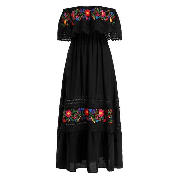 IBTOM CASTLE Women's Summer Floral Print Mexican Dress Off Shoulder Beach Holiday Party Long Maxi Gowns M Black