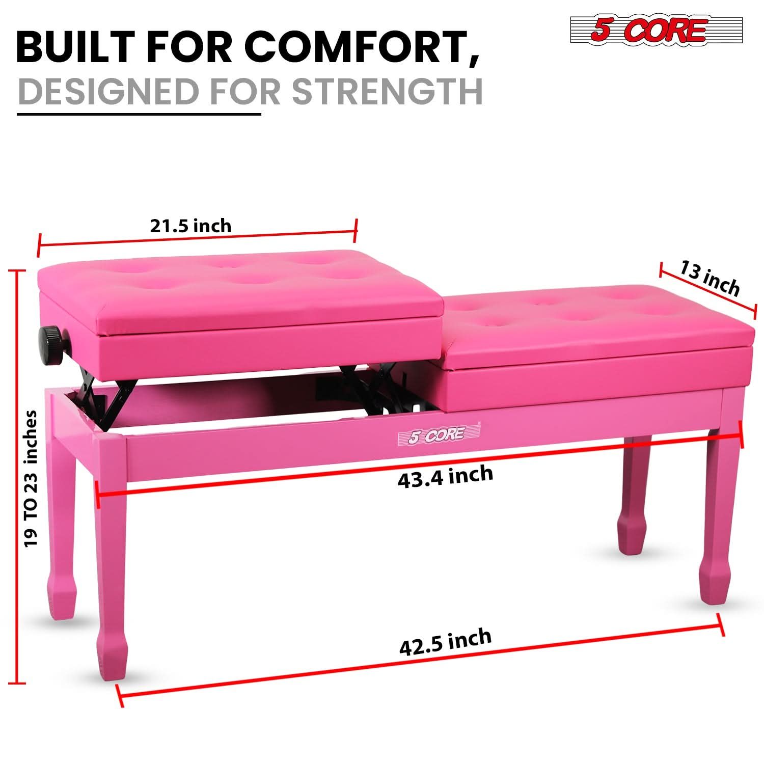 Duet Piano Bench 3.5 Inch Padded Stool with Storage | Adjustable Height Wooden Keyboard Seat | Spill-Resistant Cherry Finish | Heavy Duty Musician Chair for Double Keyboard