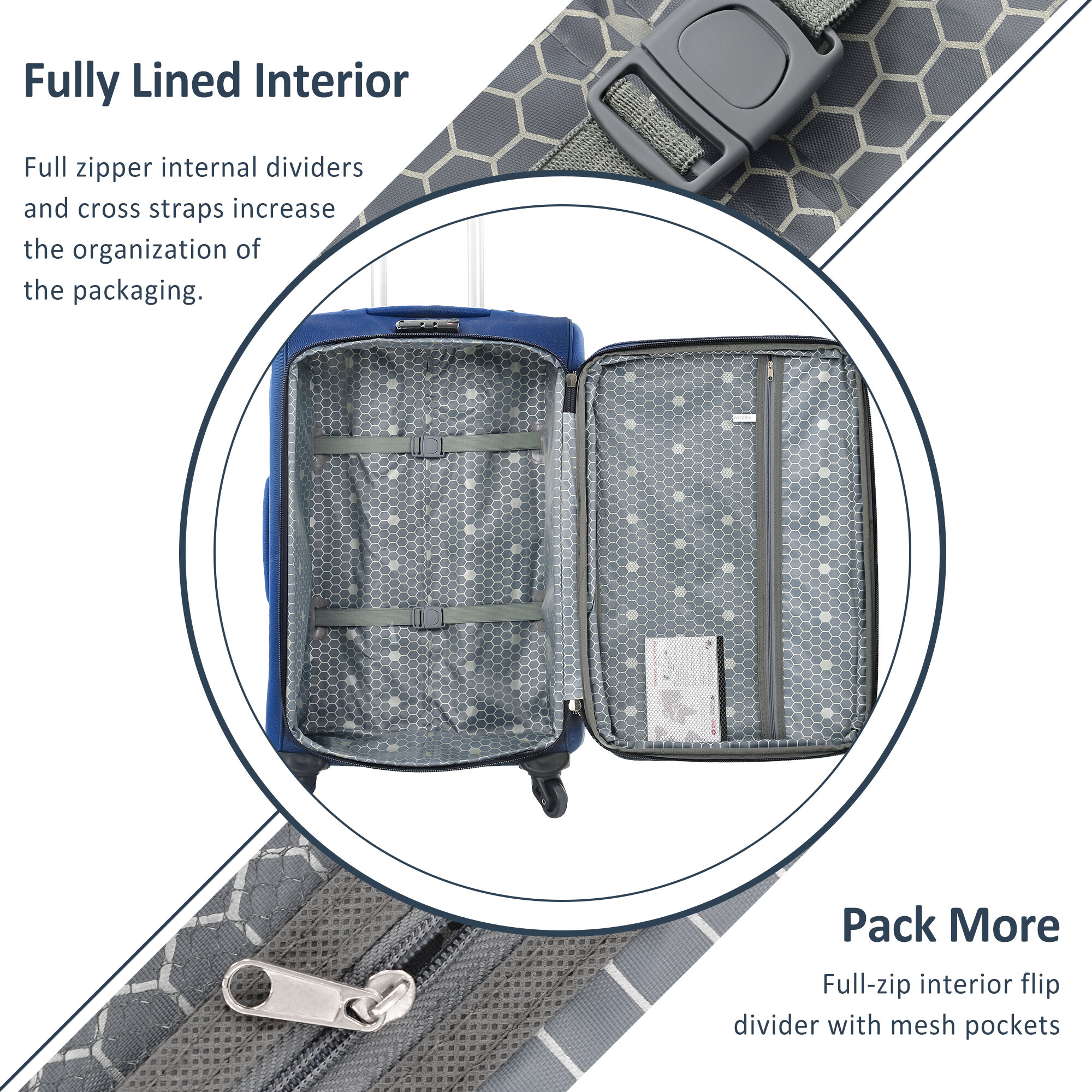 Softside Suitcase, Softside Luggage Expandable 3 Piece Set Suitcase Upright Spinner Softshell Lightweight Luggage Travel Set-22/26/30 inches, Blue Softside Luggage,Polyester Softside Checked Luggage