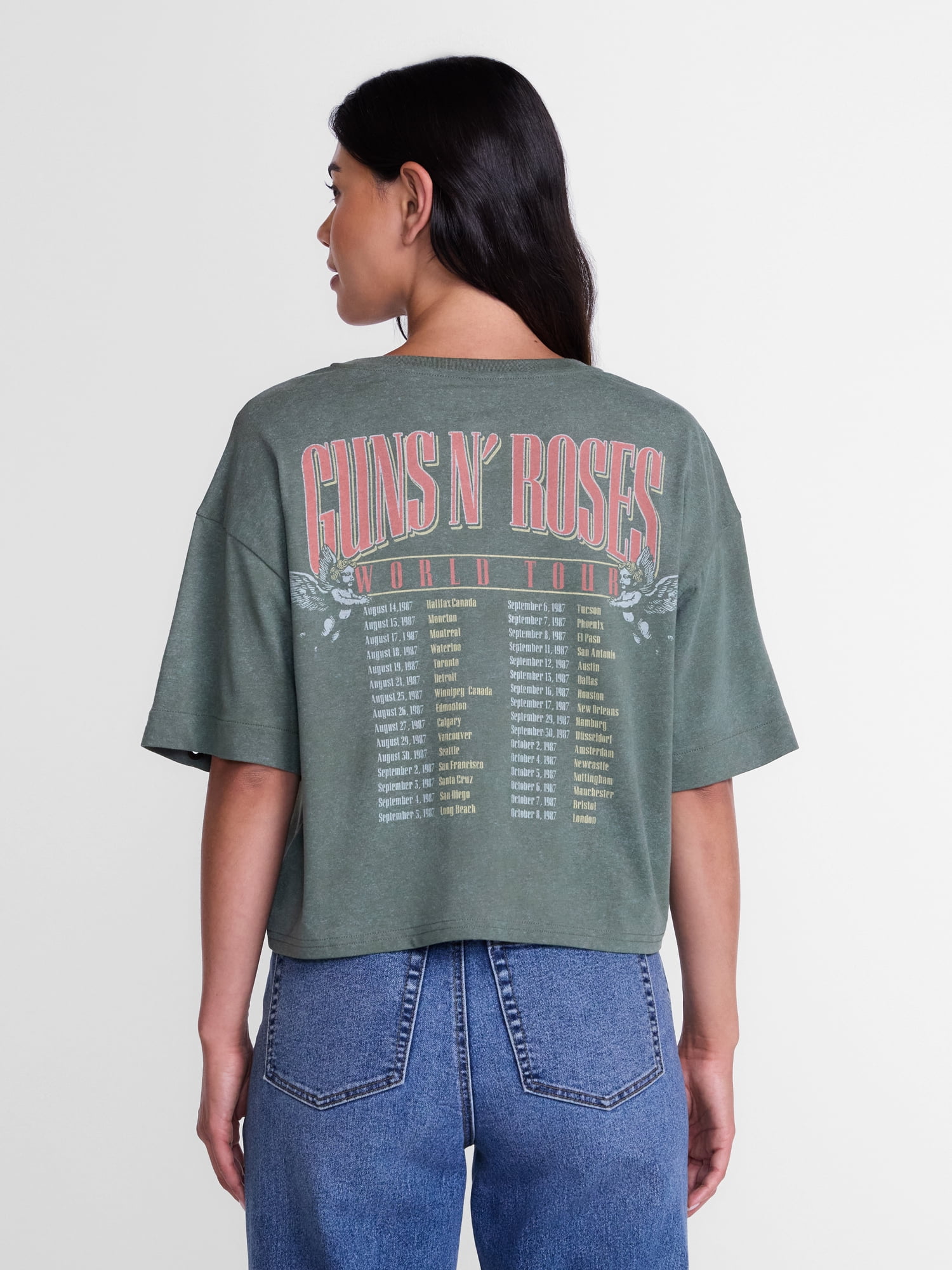 Guns N' Roses Women's Cropped Front Back Graphic Band Tee, Sizes XXS-4X
