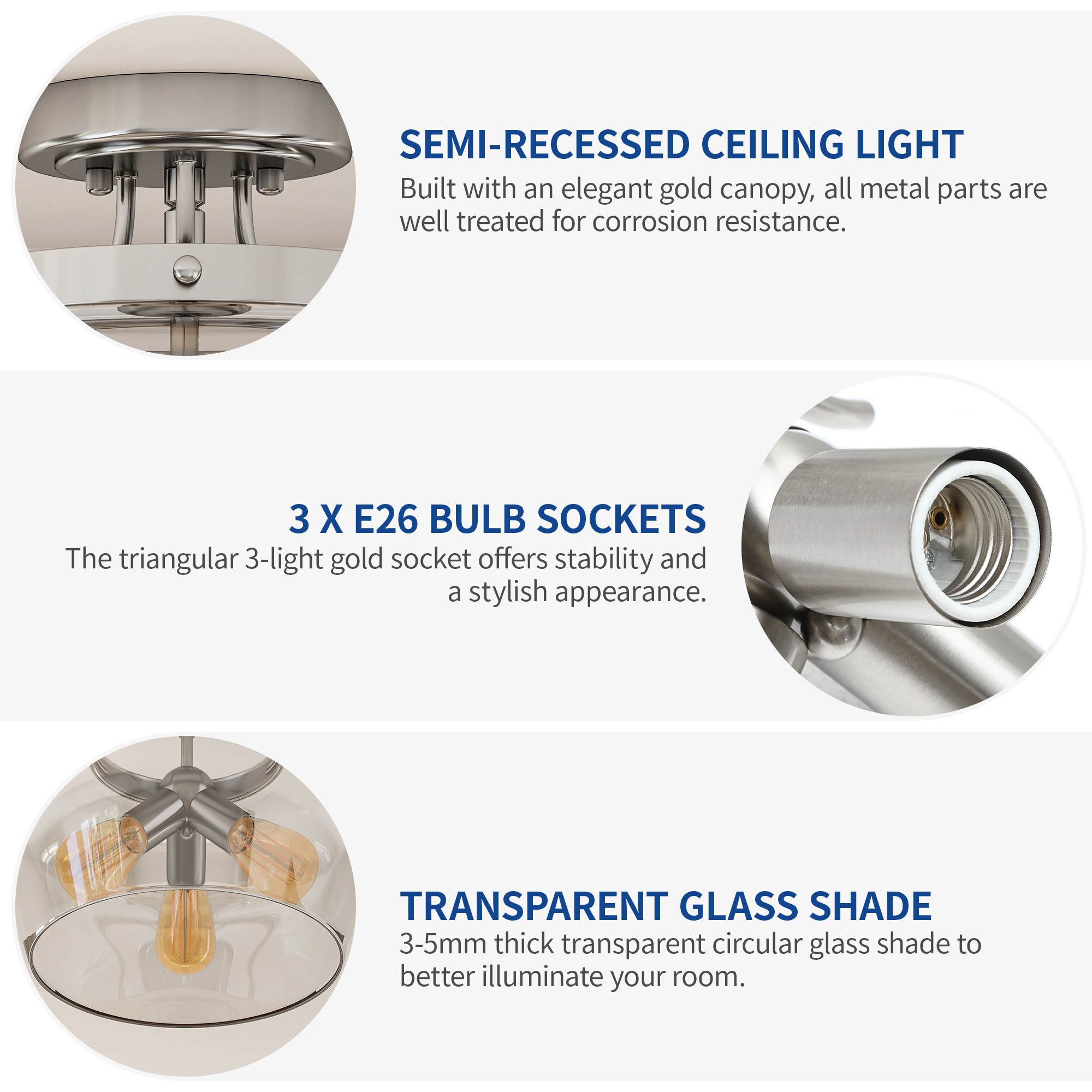 Uforic Semi Flush Mount Ceiling Light, Farmhouse Ceiling light with Clear Glass Shade, Modern Ceiling Light for Closet Dining Room Kitchen Hallway, Silver