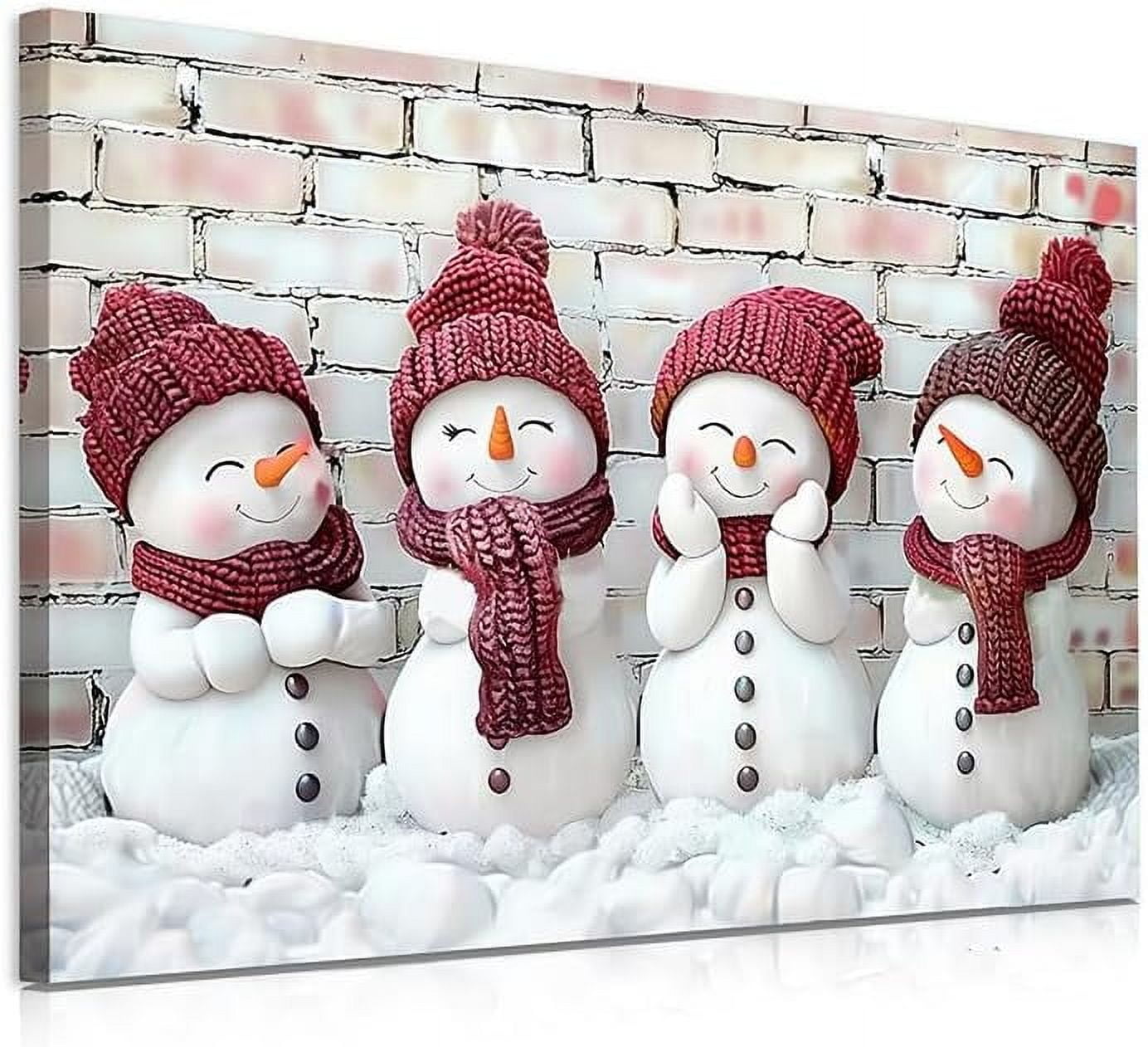 Christmas Snowman Canvas Wall Art - 4 Cute Cartoon Snowmen Christmas Pictures Wall Decor - Red and White Xmas Holiday Room Decorations - Framed Christmas Poster Print 16x12 Inch