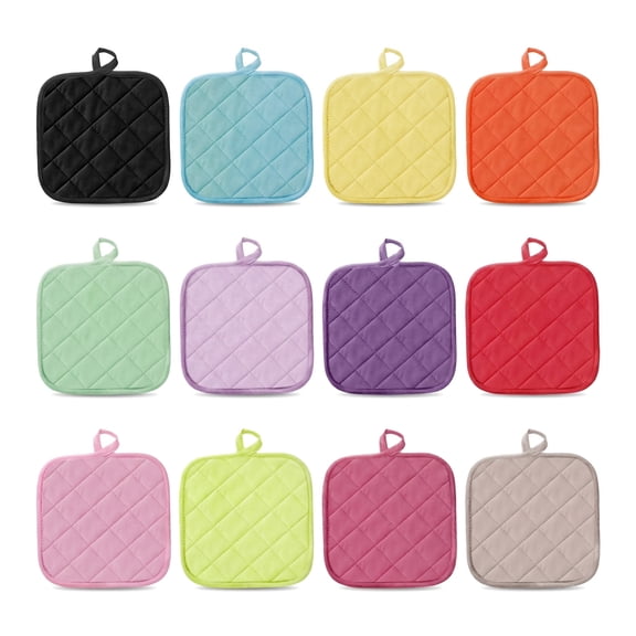 Pot Holders – 12 Pack Quilted Square Pot Holders, Washable Heat-Resistant Kitchen Pads with Hanging Loop, Assorted Colors, 7.1 x 7.1 Inches