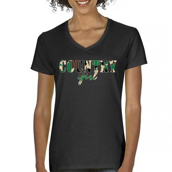 Country Girl Camo Women's V-Neck T-shirt Small Town Cowgirl Farm Life Military