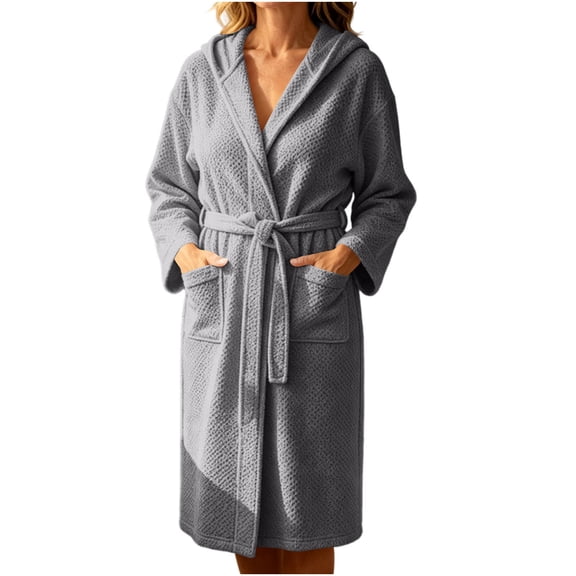 MGDXOX Women's Waffle Knit Hooded Bathrobe, Belted Spa Robe with Pockets, Soft Absorbent Lightweight Loungewear Gray Free Size