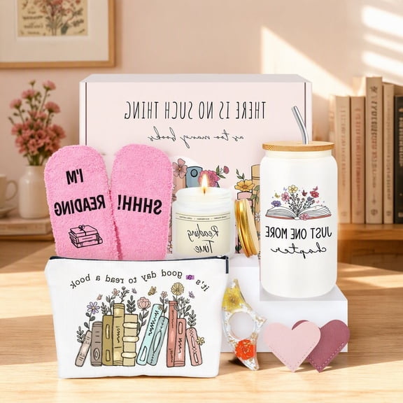 8-Piece Book Lover Gift Set for Women, Includes Cup, Glass Straw, Makeup Bag, Socks, Soy Candle, Heart Bookmarks, Page Holder and Gift Box