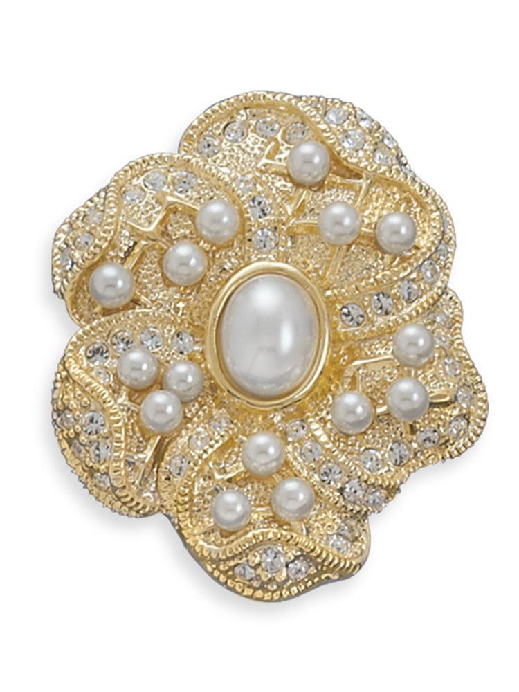 Simulated Pearl and Gold-plated Floral Design Fashion Pin Brooch by unknown