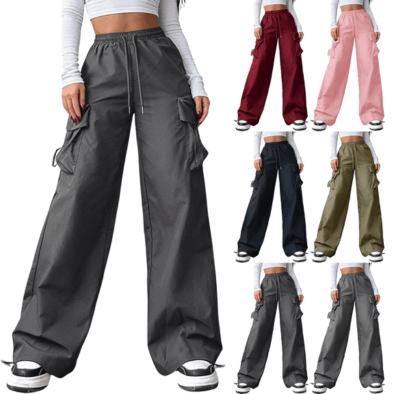 SimpleJoyi Women Cargo Pants Wide Leg Straight Loose Fit Drawstring Waist Casual Workwear Pockets Trousers