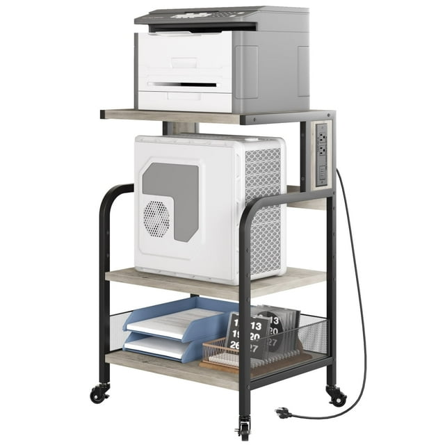 Support d'Imprimante Portable avec Prise de Courant, Table d'Imprimante Roulante à 3 Niveaux avec Tablette de Rangement Réglable et Roues
