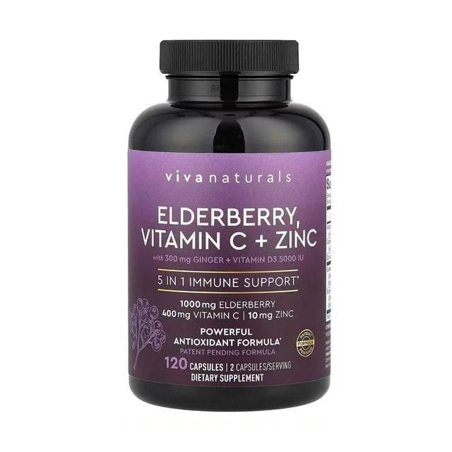 Viva Naturals Baya de Saúco 5 en 1 con Vitamina C D3 Zinc y Jengibre 120 Cápsulas