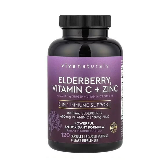 Viva Naturals Baya de Saúco 5 en 1 con Vitamina C D3 Zinc y Jengibre 120 Cápsulas