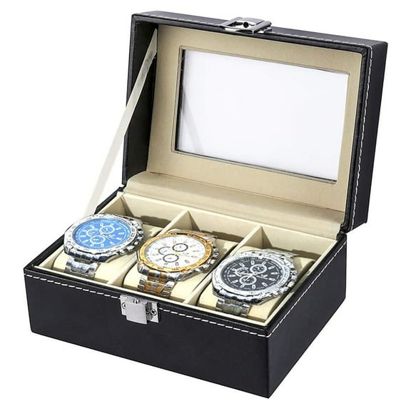 Watch Box for Men Watch Box Small 3 Slot Mens Black Leather Display Glass Top Jewelry Case Organizer Watch Storage Case Jewelry Box
