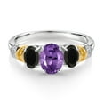 thumbnail image 2 of Gem Stone King 925 Sterling Silver and 10K Yellow Gold Oval Purple Amethyst Black Onyx and White Diamond 3 Stone Ring for Women (1.98 Cttw, Gemstone February Birthstone, Size 8), 2 of 3