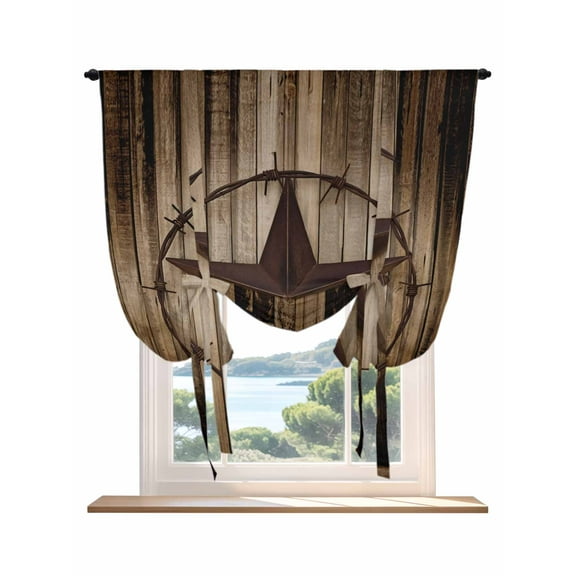 Western Star Retro Tie Up Curtains for Windows 45 Inch Length Balloon Curtains Kitchen Adjustable Balloon Window Shade Vintage Brown Wood Barn Tie Up Valance Bathroom Curtain Window 42"x45"