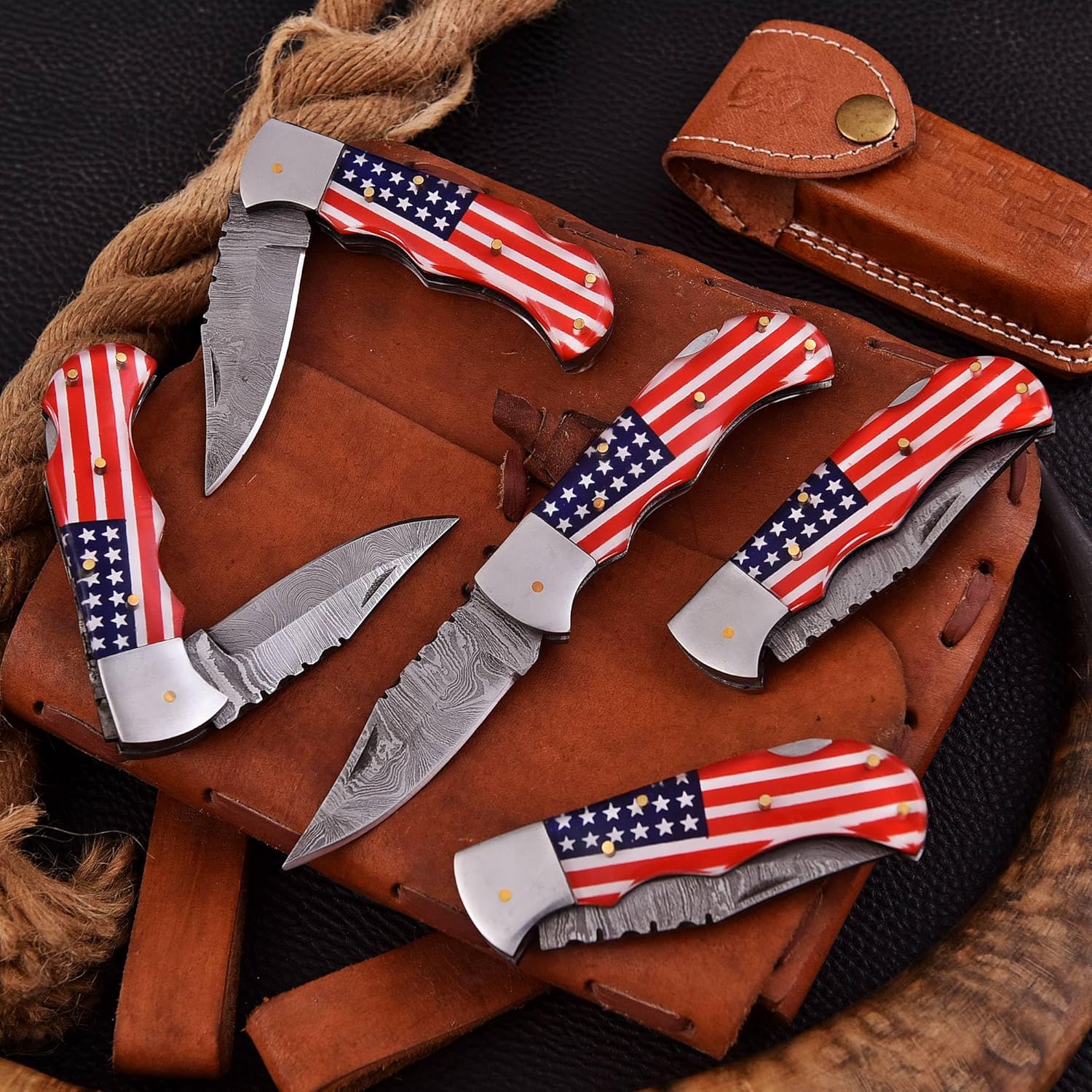 Custom Handmade Damascus Steel Folding Knife/Pocket Knife SS-17515 5 Pcs. Lot (Red and Blue Colored Resin)