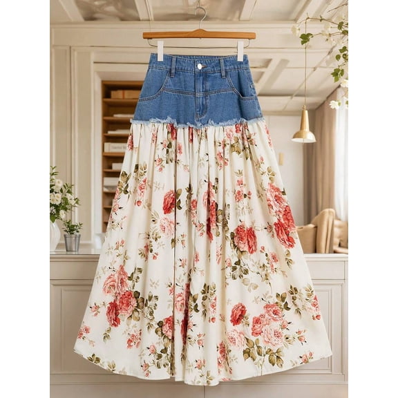 Womens Floral Patchwork Denim Skirt Blue A-Line Maxi