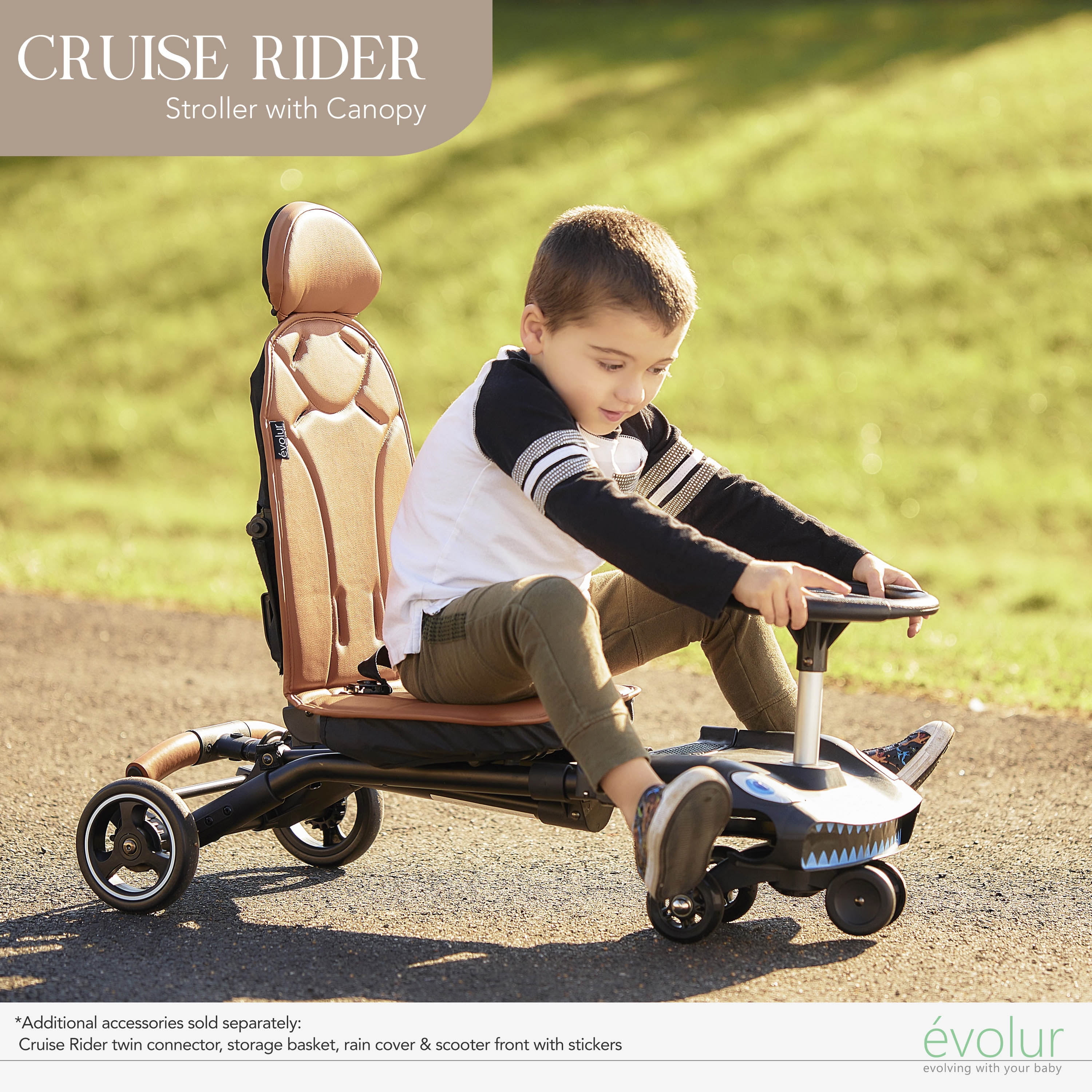 Evolur Cruise Rider Stroller with Canopy, Easy to Carry Travel Stroller, Cognac