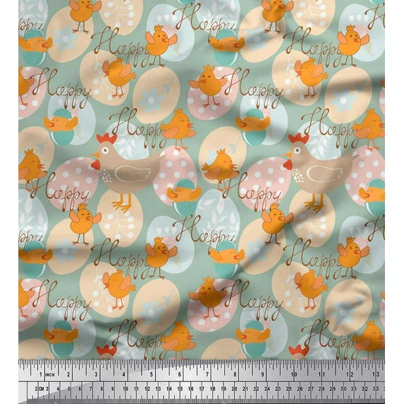 Soimoi Rayon Crepe Fabric Egg,Chick & Hen Kids Printed Fabric 1 Yard 46 Inch Wide