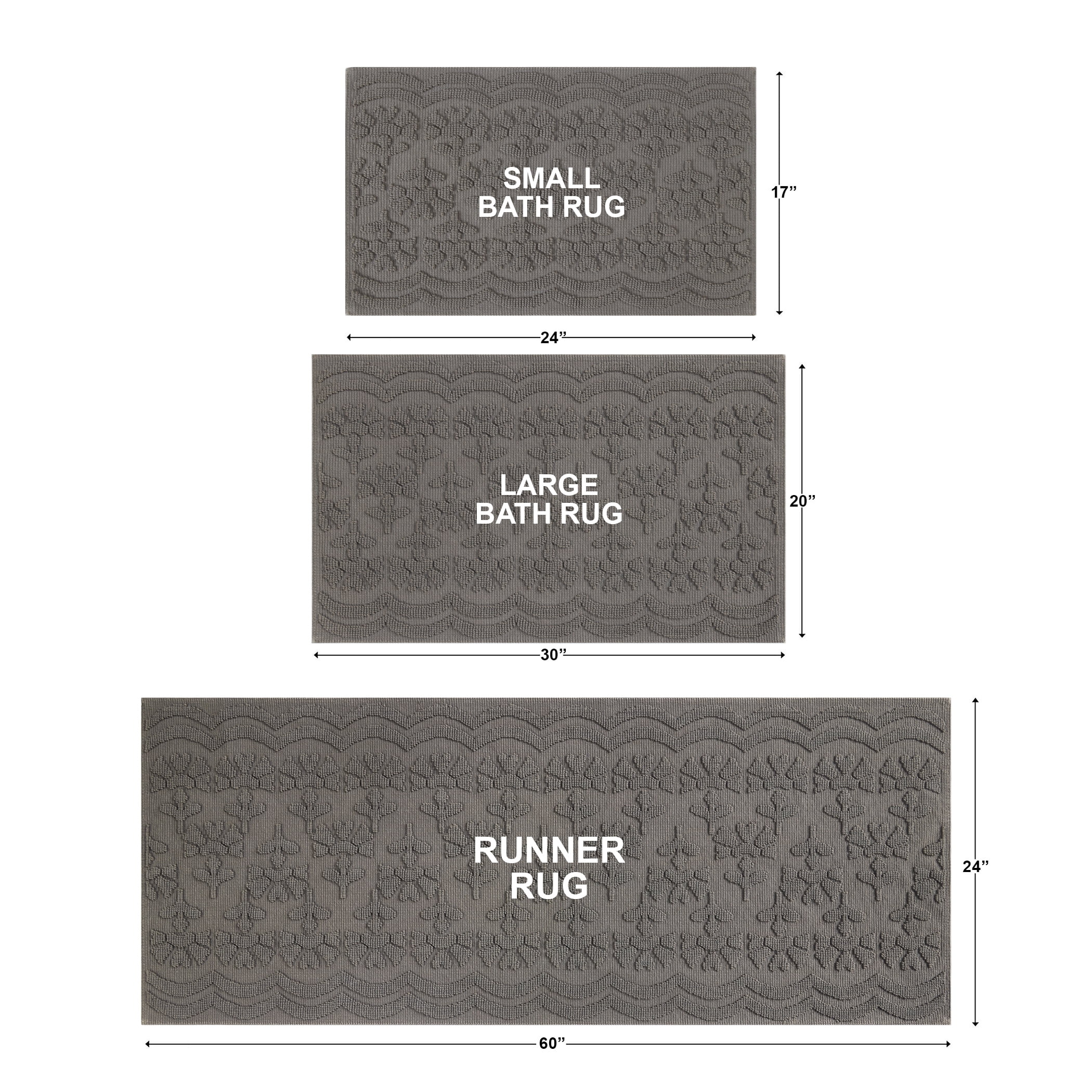 Beautiful Floral Block Scallop 2 Piece Bath Rug Set by Drew Barrymore, Charcoal Grey, 17" x 24" & 20" x 30"