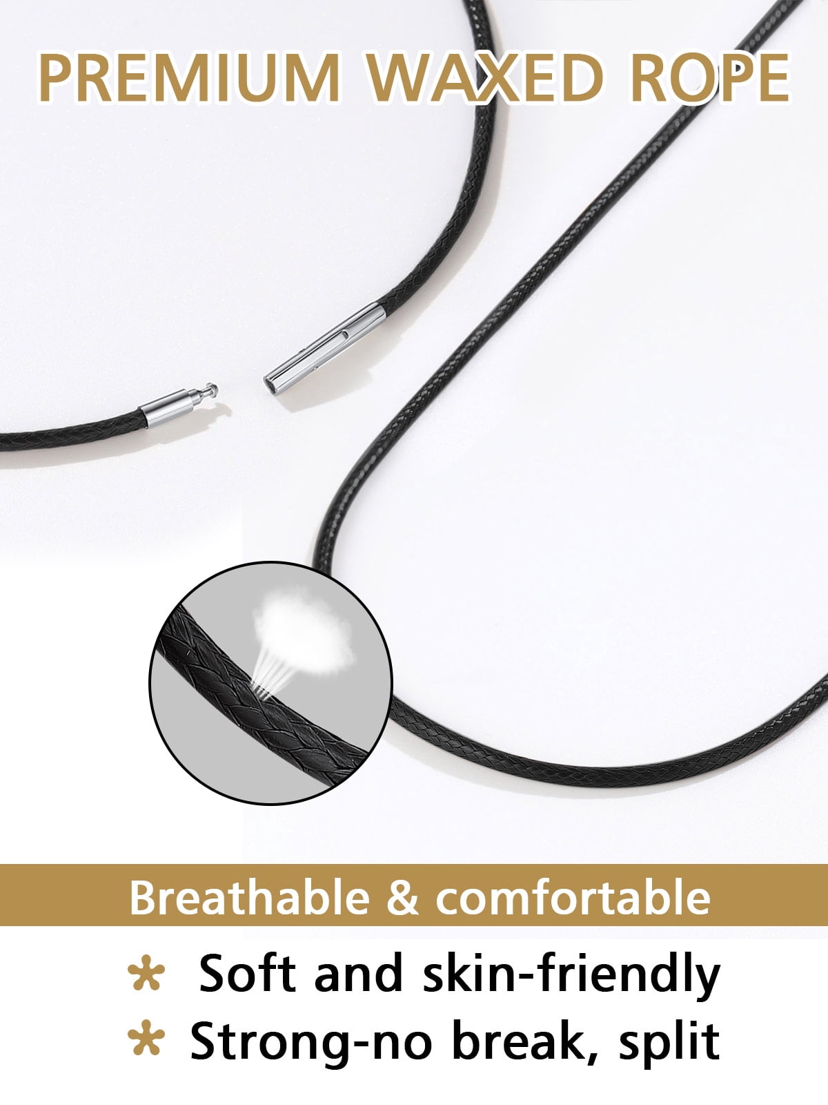 FindChic Black Waterproof Braid Leather Cord Necklace for Men, 2mm/3mm Width 16-30 inch Stainless Steel Chain Necklace Waxed Rope Chain to Match Pendant for Dad Husband, with Gift Box