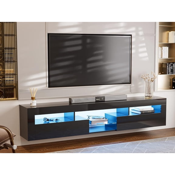 ARICOEASY LED Floating TV Stand for 85  inch TV, Modern High Glossy Wall Mounted Hanging TV Stand with 2 Cabinets, Black Floating Entertainment Center Console Shelf for Living Room, Bedroom